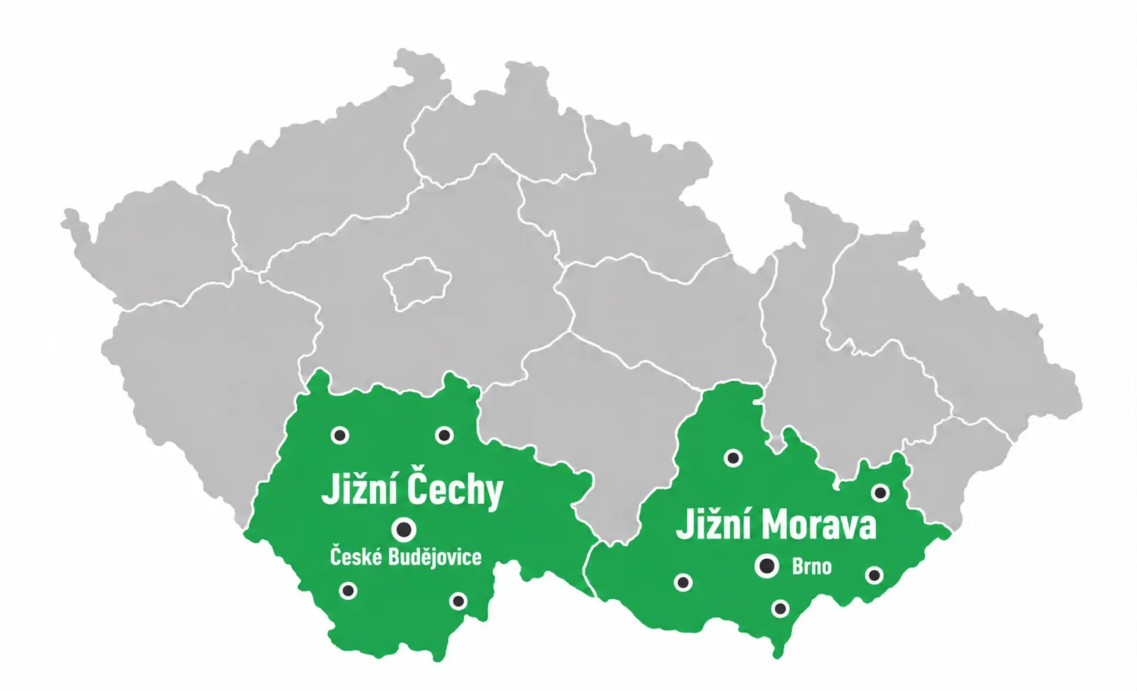 Mapa České republiky se zvýrazněnou jižní Moravou a jižními Čechami